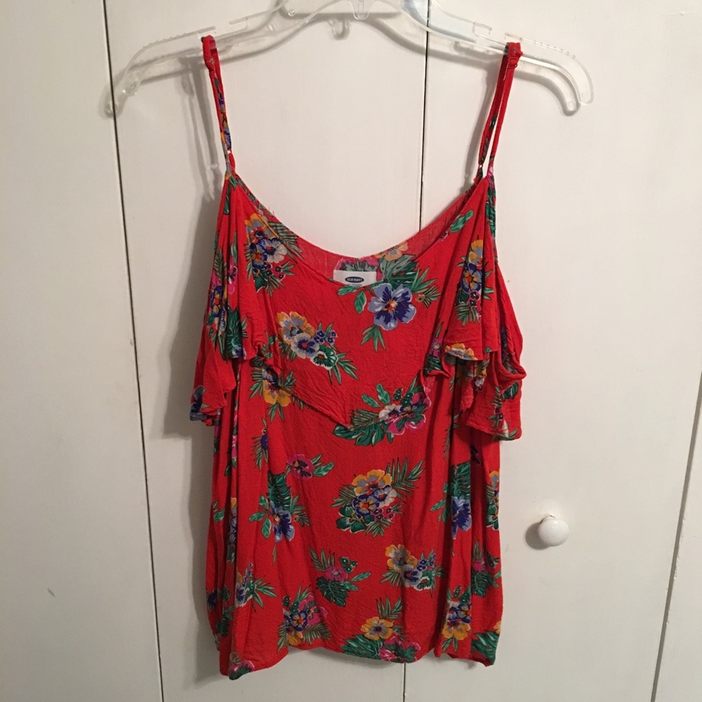 🏝 Old Navy Red Floral Cold Shoulder Top